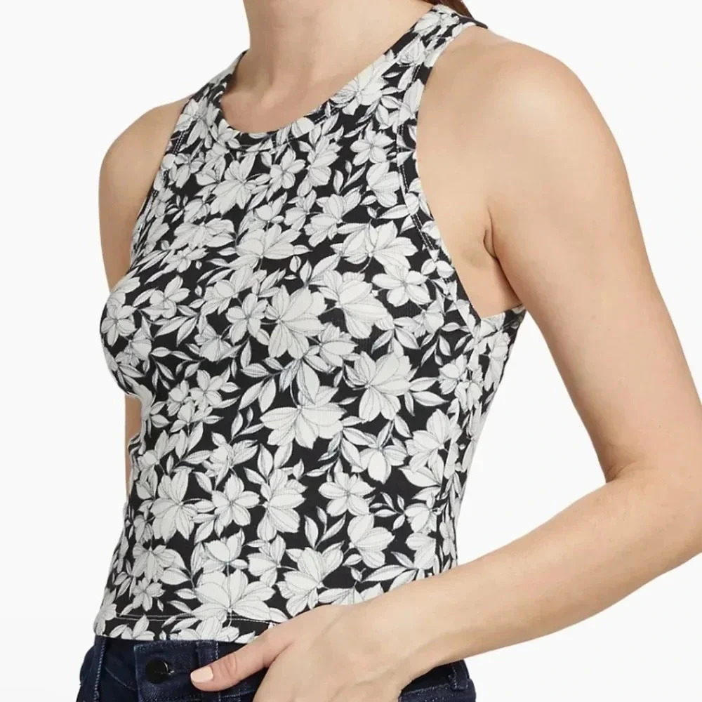 Alice + Olivia Cropped Tank Allen Floral Crop Top XS White and Black Ribbed